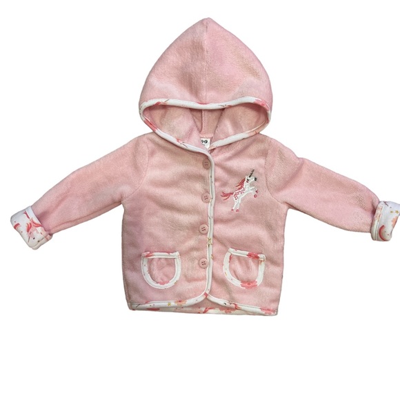 NWT Baby 6/9 months pink button up hooded coat Jacket Unicorn Pink and white - Picture 1 of 10